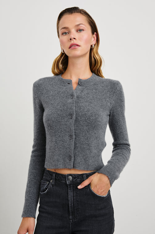 Matilda Cropped Long-Sleeve Sweater with Button Closure, Crew Neck and Ribbed Trim in Charcoal Colorway - Front View Featured on Model