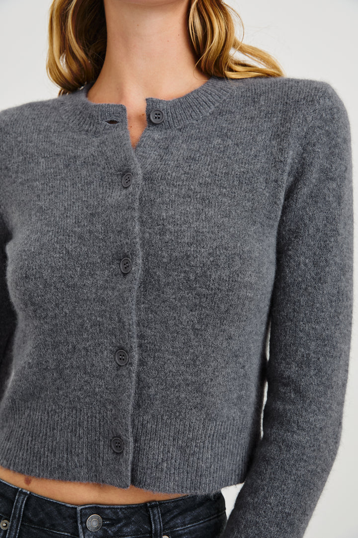 Matilda Cropped Long-Sleeve Sweater with Button Closure, Crew Neck and Ribbed Trim in Charcoal Colorway - Front View Featured on Model