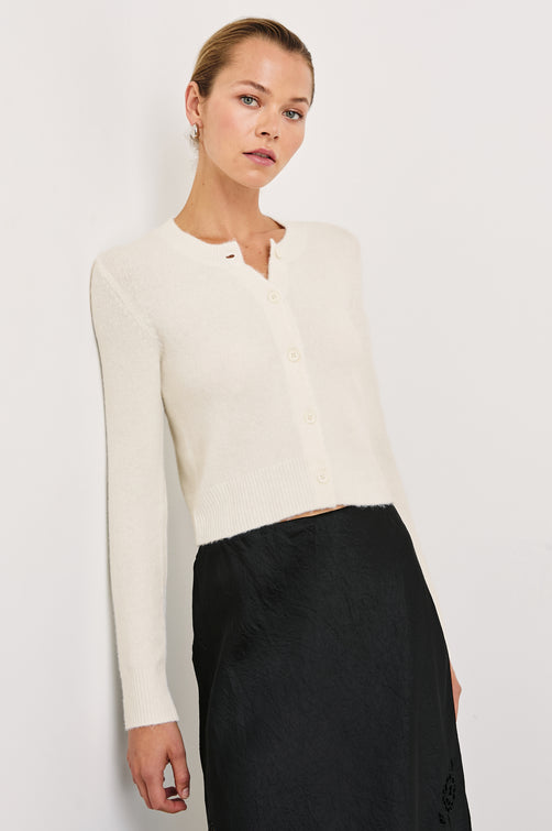 Matilda Cropped Long-Sleeve Sweater with Button Closure, Crew Neck and Ribbed Trim in Ivory Colorway - Front View Featured on Model