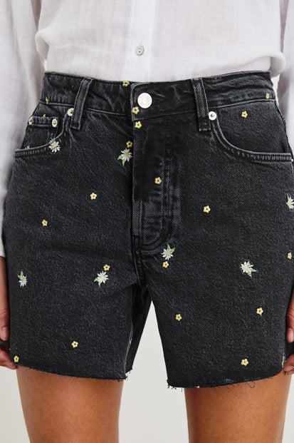 Mesa Ash Black Mid Length Short with Pockets and Daisy Embroidery - On Model, Close Up of Embroidery Details