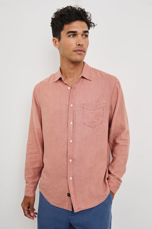 Mykonos linen button up long sleeve with front chest pocket and collar in Desert Rose - front view on model