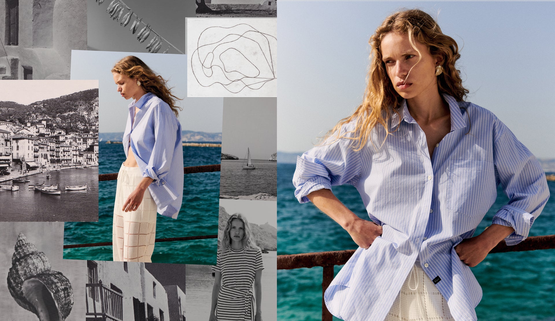 TWO SIDE BY SIDE EDITORIAL IMAGES OF MODEL BY THE OCEAN WEARING ELSA SHIRT IN OXFORD WHITE STRIPE AND MAJA PANTS IN WHITE