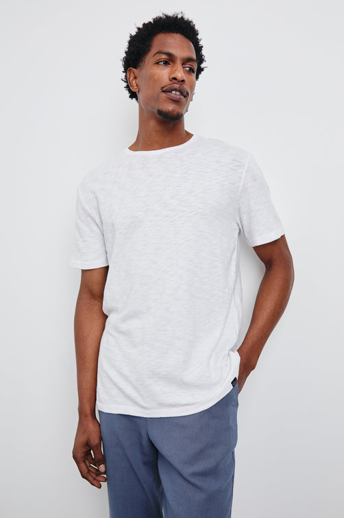 Neil T-Shirt with a Crew Neck in White Colorway - Front View Featured on Model 