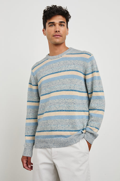 Olsen cotton-linen blend crewneck sweater in Blue Stripe - front view on model