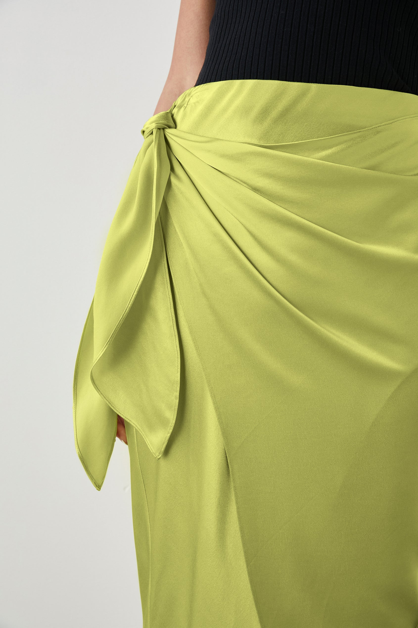 Chartreuse Constructed Satin Wrap Draped Mini Skirt
