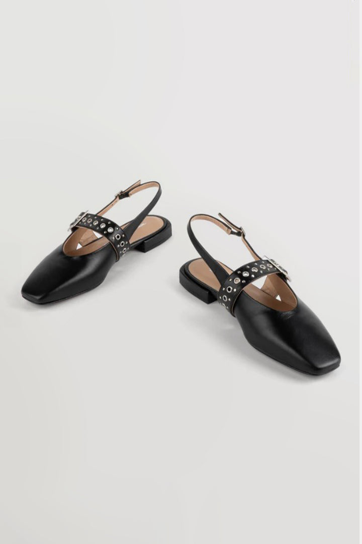 Intentionally Blank Pearl Ballet Flat with an Adjustable Slingback Strap, a Studded Upper Buckle Strap, a Small Heel and a Square Toe in Black Colorway - Overhead View 