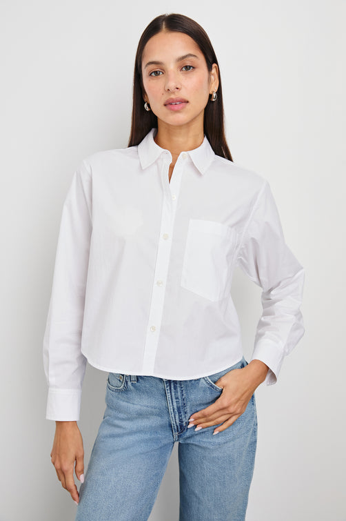 Ramy Long Sleeve Poplin Cotton Shirt With Shortened Hem In Colorway White - Front View Featured On Model