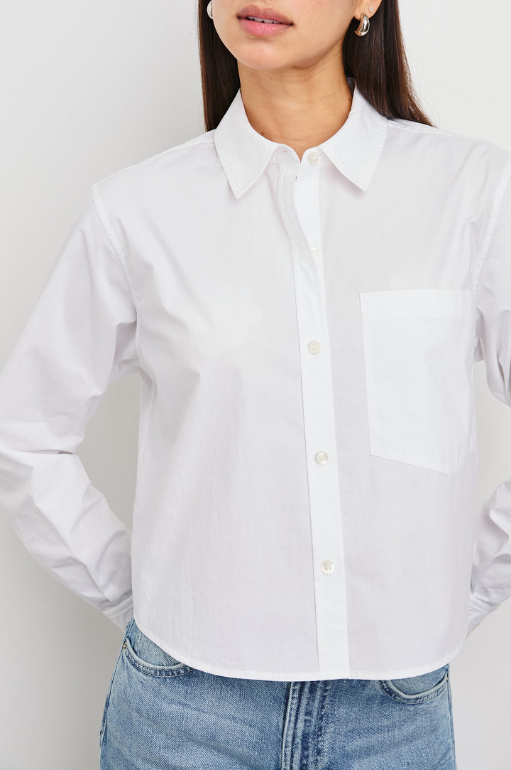 Ramy Long Sleeve Poplin Cotton Shirt With Shortened Hem In Colorway White - Detail View Featured On Model