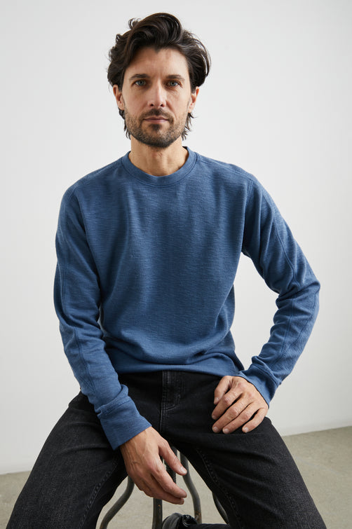 Rheese Long-Sleeve Thermal with Crew Neck and Statement Seams on Sleeves and Back in Steel Colorway - Front View Featured on Model