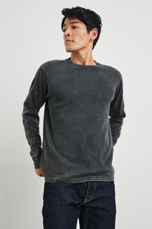 Rheese Long-Sleeve Thermal with Crew Neck and Statement Seams on Sleeves and Back in Washed Black Colorway - Front View Featured on Model