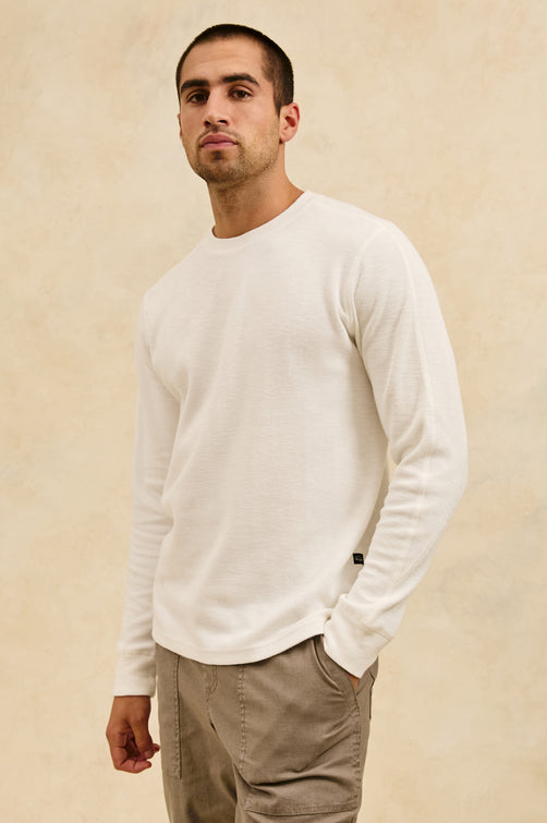 Rheese long sleeve french rib thermal in Whitecap - stylized front view on model