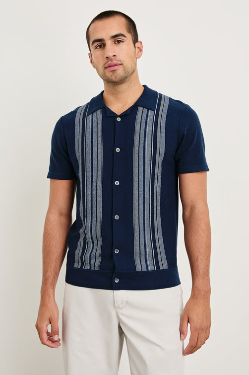 Silas short sleeve knit button down shirt with retro front striped design features in Blue Heather Multi - front view on model