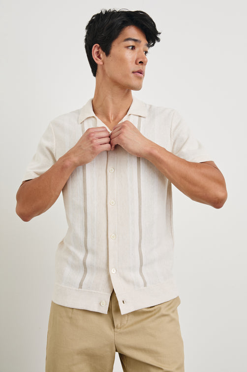 Silas Short-Sleeve Button Up in Latte Multi Colorway, with two front sections of vertical stripes in white and brown - Front View Featured on Model