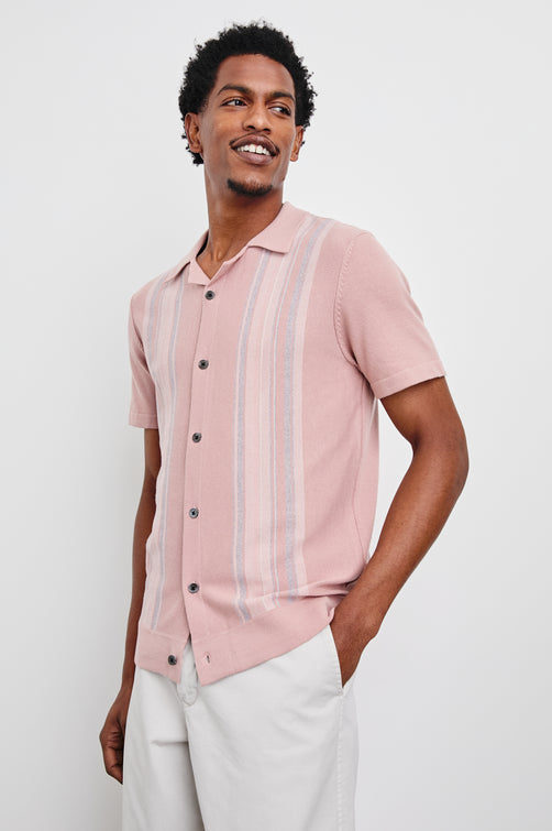 Silas short sleeve knit button down shirt with retro front striped design features in Rose Multi - front view on model