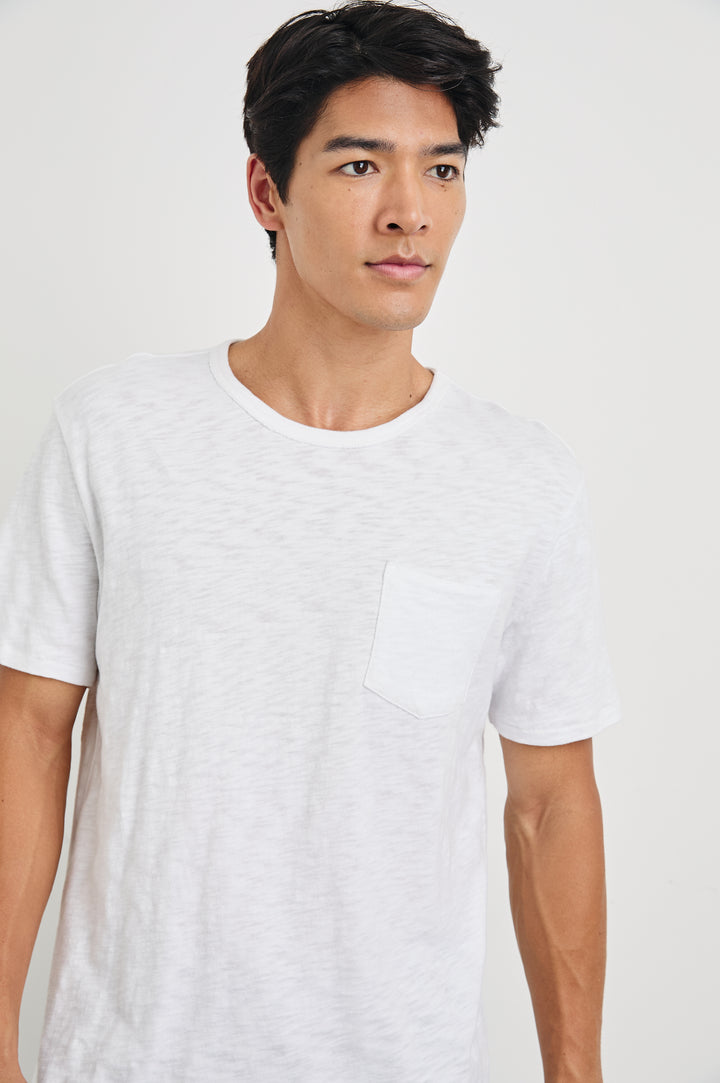 Skipper Short-Sleeve T-shirt with a Crew Neck and a Chest Patch Pocket in White Colorway - Front View Featured on Model