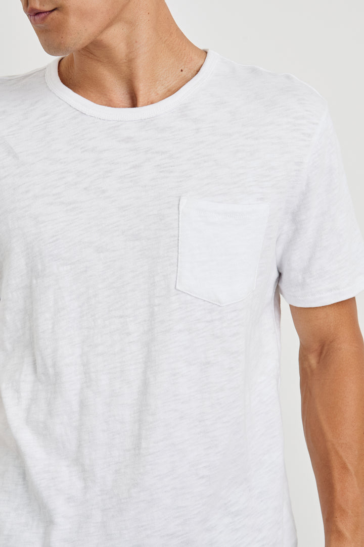 Skipper Short-Sleeve T-shirt with a Crew Neck and a Chest Patch Pocket in White Colorway - Front View Featured on Model