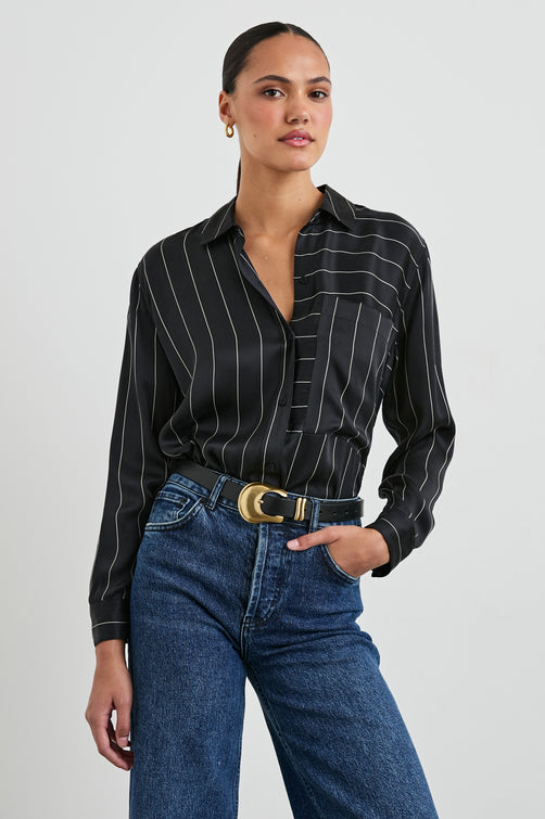 Spencer Long-Sleeve Button Up with Chest Patch Pocket in Ink Stripe Colorway, Thin White mixed vertical and horizontal stripes on Black - Front Tucked View Featured on Model