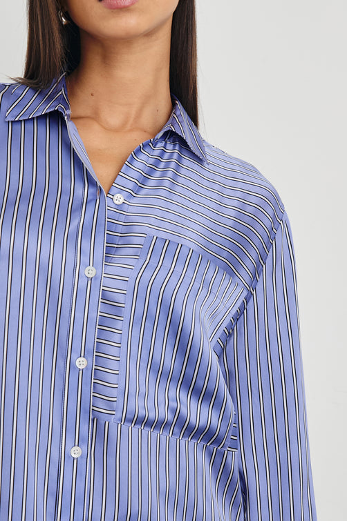 Spencer Long-Sleeve Button Up with Chest Patch Pocket in Moonlight Stripe Colorway, Thin White vertical and horizontal stripes on Blue - Front View Featured on Model