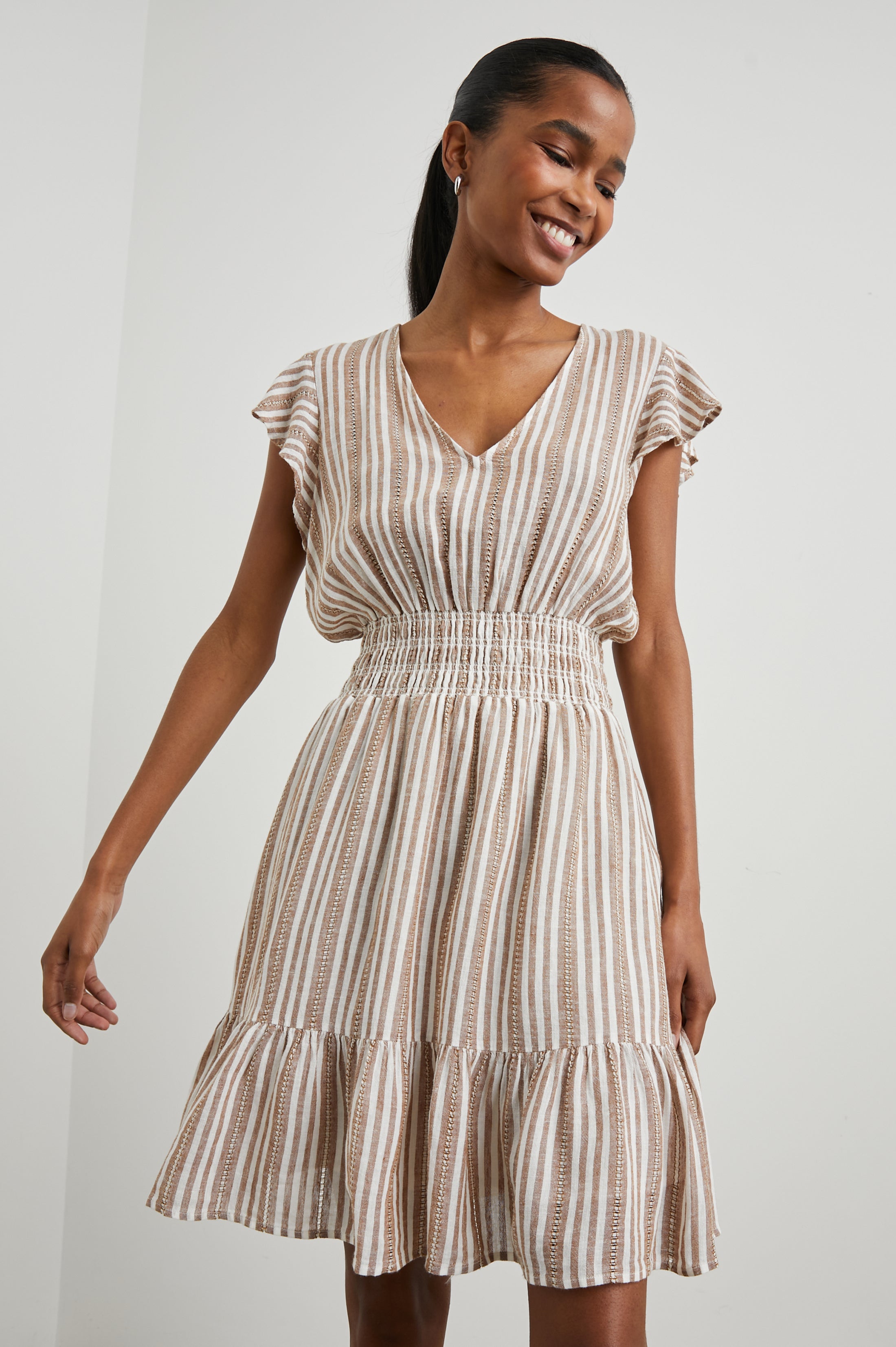 Rails Smocked Waistline With Flutter Cap Sleeves Striped shops in White & Blue Dress