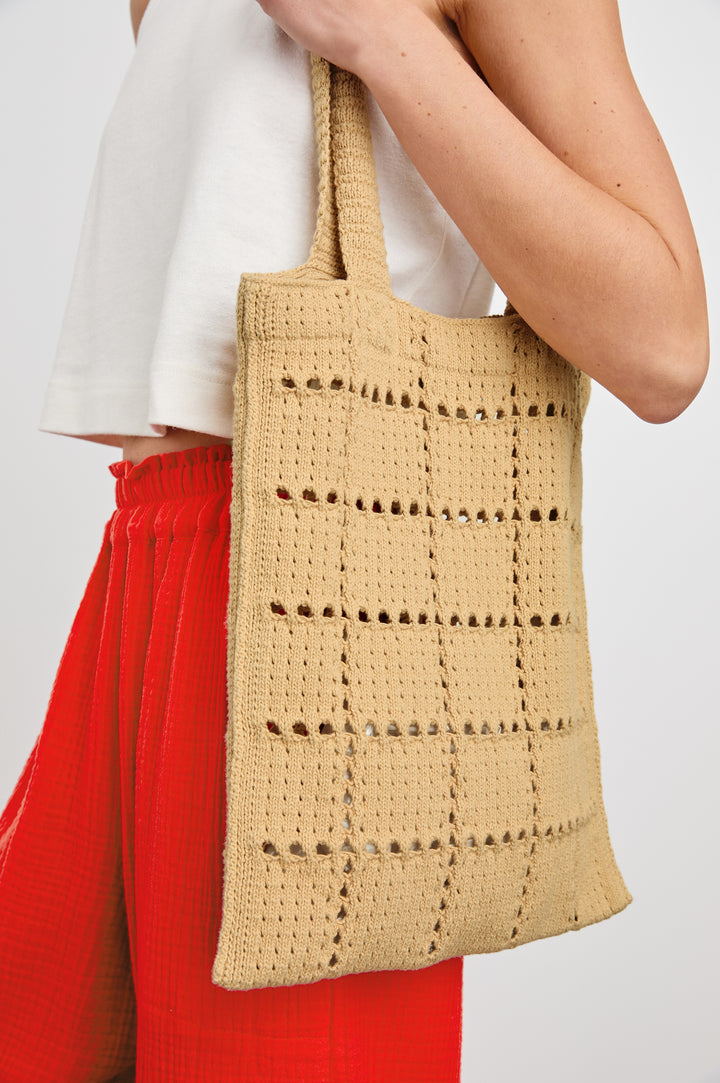 Crochet Rectangular Tote with Patchwork Grid Drop stiches in Rattan Colorway  - Side View Featured on Model