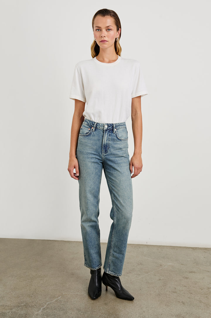 Topanga Straight Jeans with Belt Loops, Two Front Pockets plus a Coin Pocket and Two Back Patch Pockets in Desert Sky Colorway - Front Full Body View Featured on Model