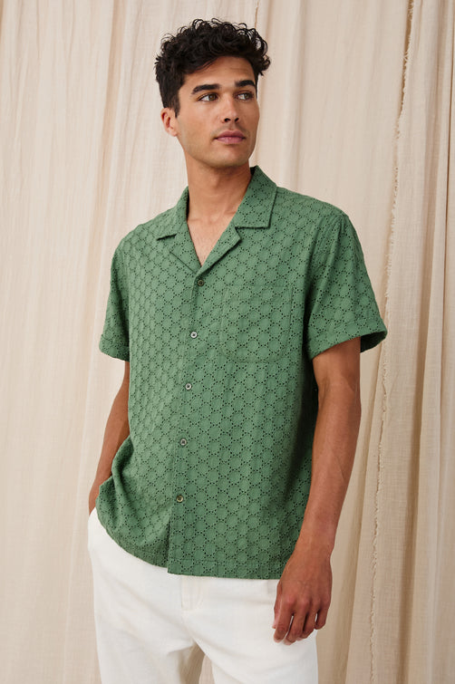 Tyler embroidered short sleeve button up with collar in Green Dots - stylized front view on model