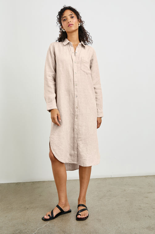 Val Long Sleeve Shirt Dress With Collar And Button Down Front In Colorway Flax - Full Front Body View Featured On Model 