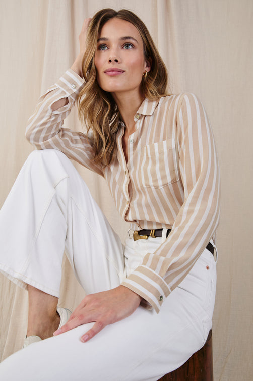 Wren long sleeve button up shirt with collar and front chest pocket in Natural Stripe - stylized front view on model