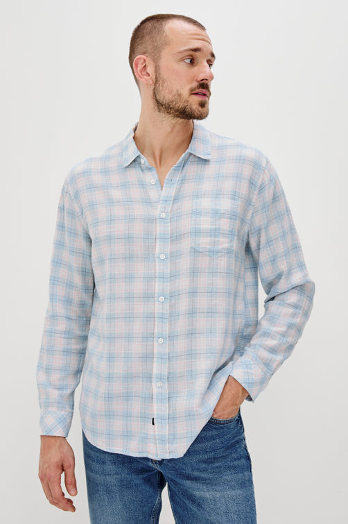 Wyatt Classic Button Up Long Sleeve Shirt with front chest pocket and plaid print in Apres Ocean Melange - front view on model