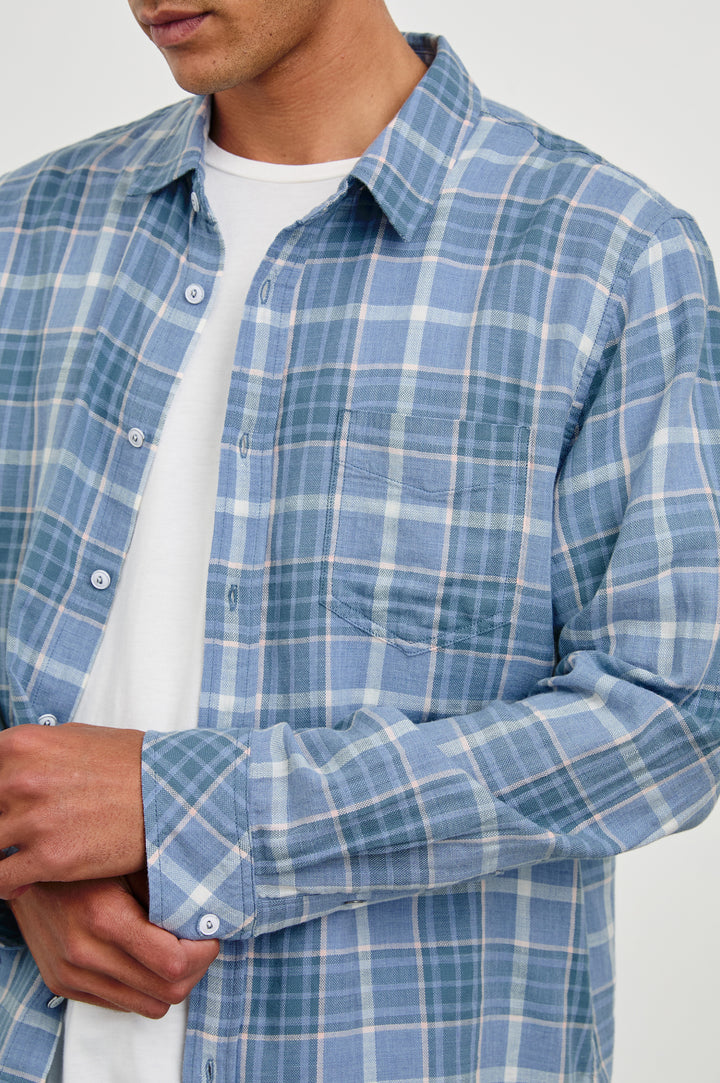 Wyatt Classic Button Up Long Sleeve Shirt with plaid print in Blue Ebi Melange - close up of details on model