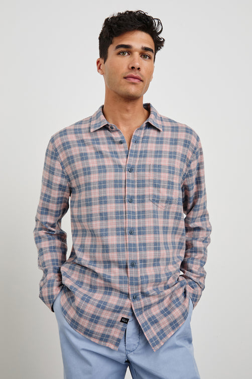 Wyatt Classic Button Up Long Sleeve Shirt with plaid print in Blueberry Blush - front view on model