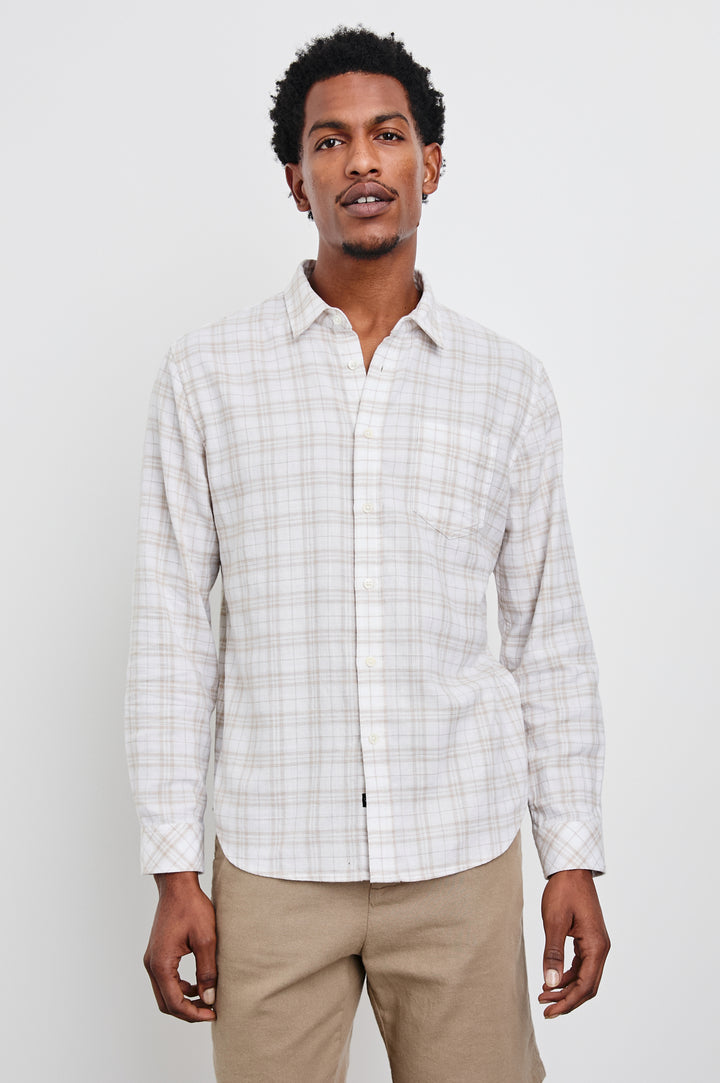 Wyatt Classic Button Up Long Sleeve Shirt with plaid print in Misty Pebble Path - front view on model