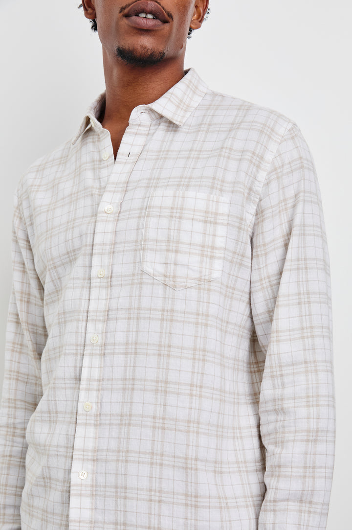 Wyatt Long-Sleeve Button Up with a Chest Patch Pocket in Misty Pebble Path Colorway, a tan and grey plaid on white - Front View Featured on Model