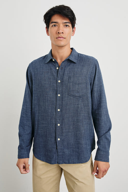 Wyatt Long-Sleeve Button Up with a Chest Patch Pocket in Navy Etch Colorway - Front View Featured on Model