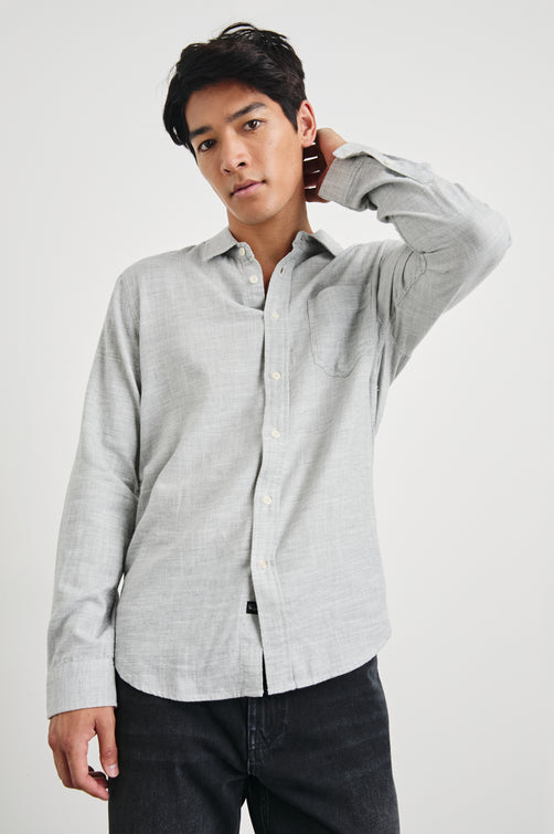 Wyatt Long-Sleeve Button Up with a Chest Patch Pocket in Platinum Etch Colorway - Front View Featured on Model