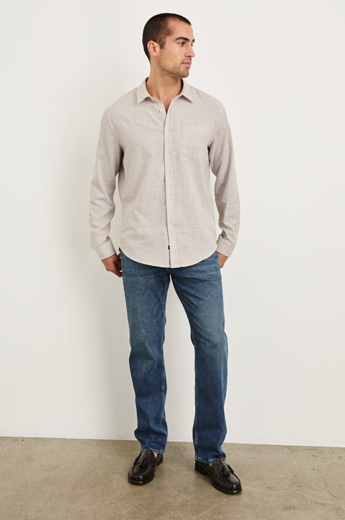 Wyatt Long-Sleeve Relaxed Fit Button Up with a Chest Patch Pocket in Tahini Etch Colorway - full body front view on model