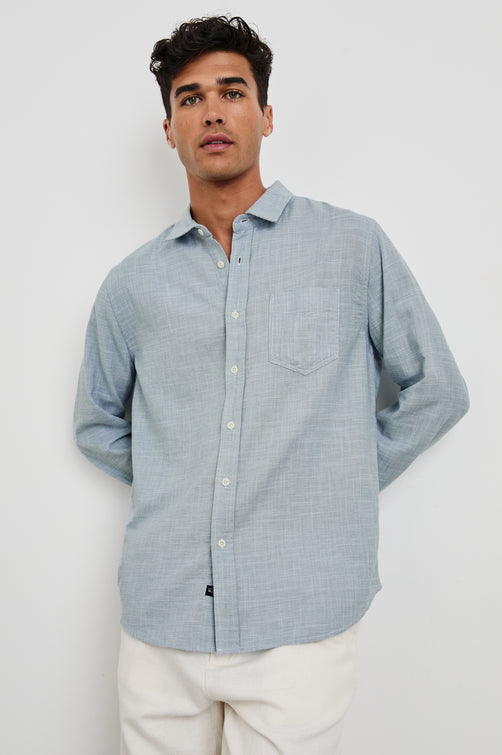 Wyatt Long-Sleeve Relaxed Fit Button Up with a Chest Patch Pocket in Tidal Etch Colorway - front view on model