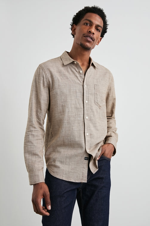 Wyatt Long-Sleeve Button Up with a Chest Patch Pocket in Walnut Etch Colorway - Front View Featured on Model