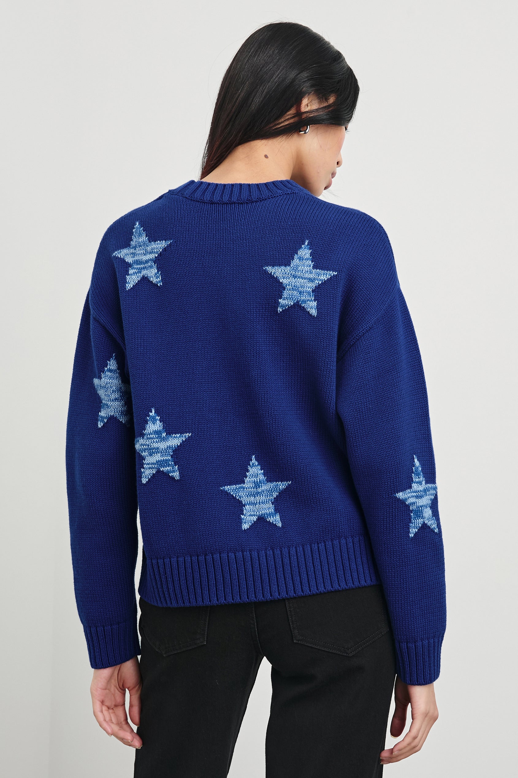 Nic+Zoe Falling Stars Knit Sweater Size outlet L Dark Blue Navy Rhinestone Trim NEW