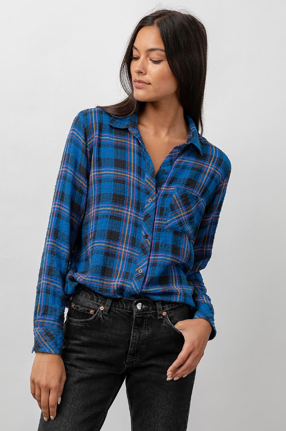 Rails Brady Crinkled Plaid Button-front Shirt In Mulberry Teal Blu